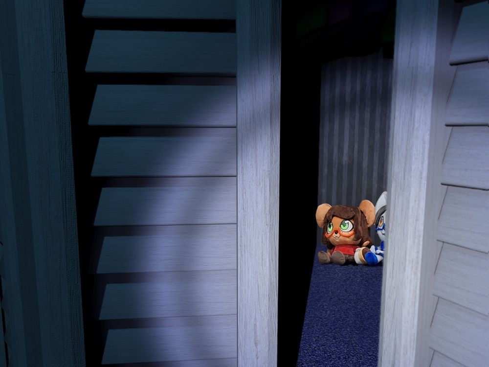 A plush mousegirl and catgirl in the crying child's closet.