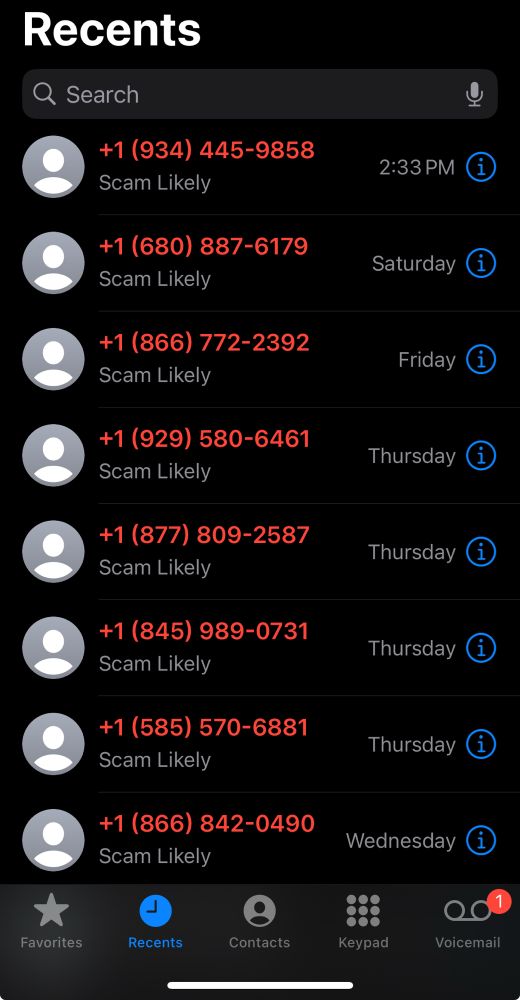 My “recent calls” screen and its red “scam likely’s” all the way down. 