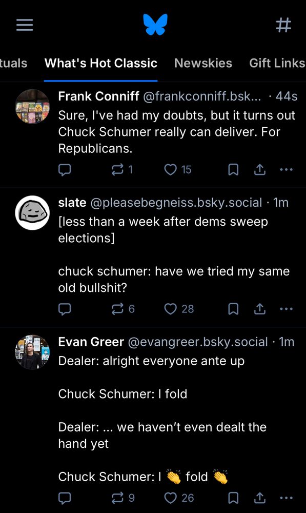 The first three posts I saw upon opening the app all making Chuck Schumer jokes. I’m sure it’s fine. 