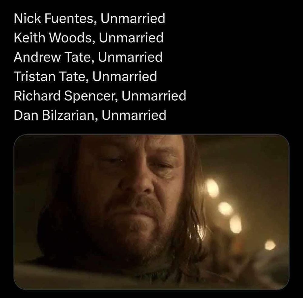 Nick Fuentes, unmarried
Andrew tates, unmarried
Keith Woods, unmarried
Tristan tate, unmarried
Richard Spencer unmarried
Dan bilzarian, unmarried. 