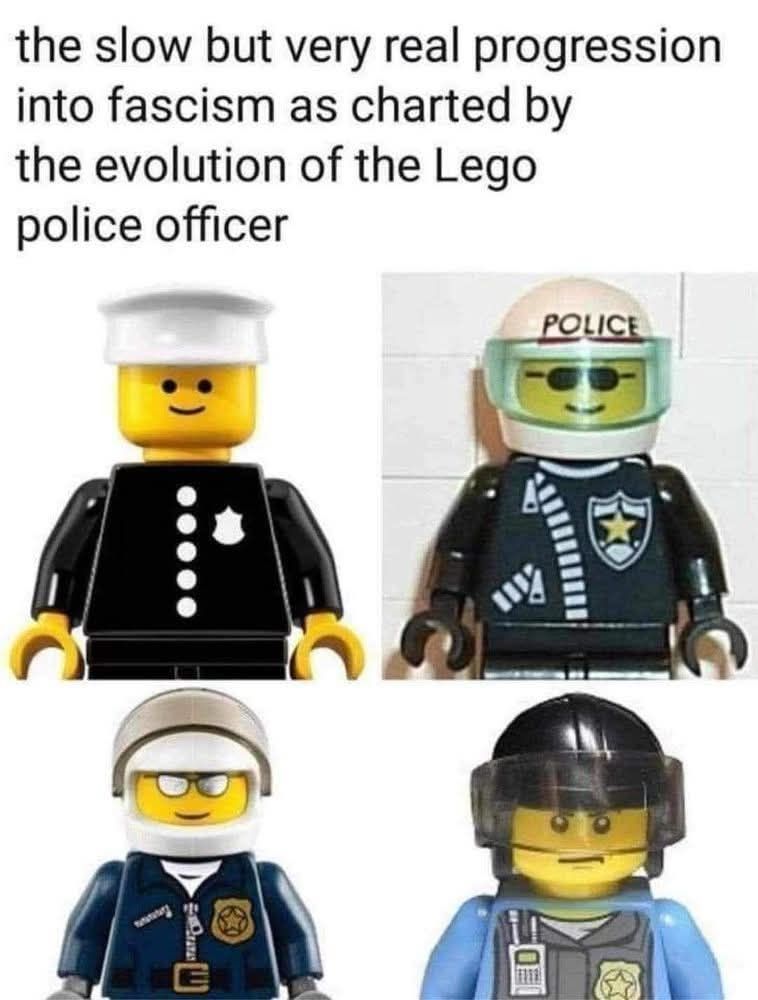The slow but real progression into fascism as charted by the évolution of the lego police officier

Lego police officier looking meaner and meaner.