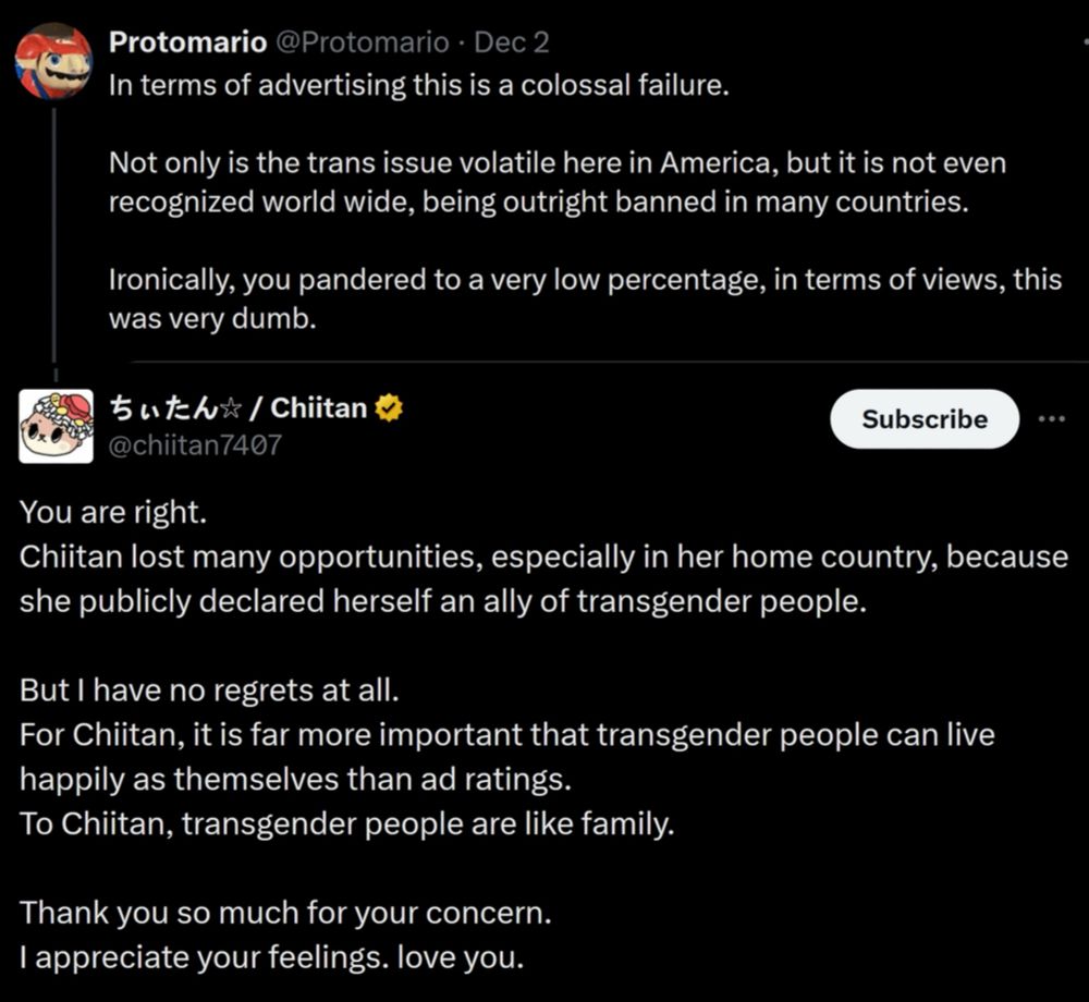 The mascot Chiitan explaining that she don't care about transphobes making her lose advertisement opportunity by declaring herself ally of transgender people. 