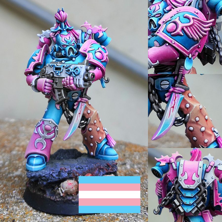 Emperor children space marine painted using the trans pride color flag color scheme.
