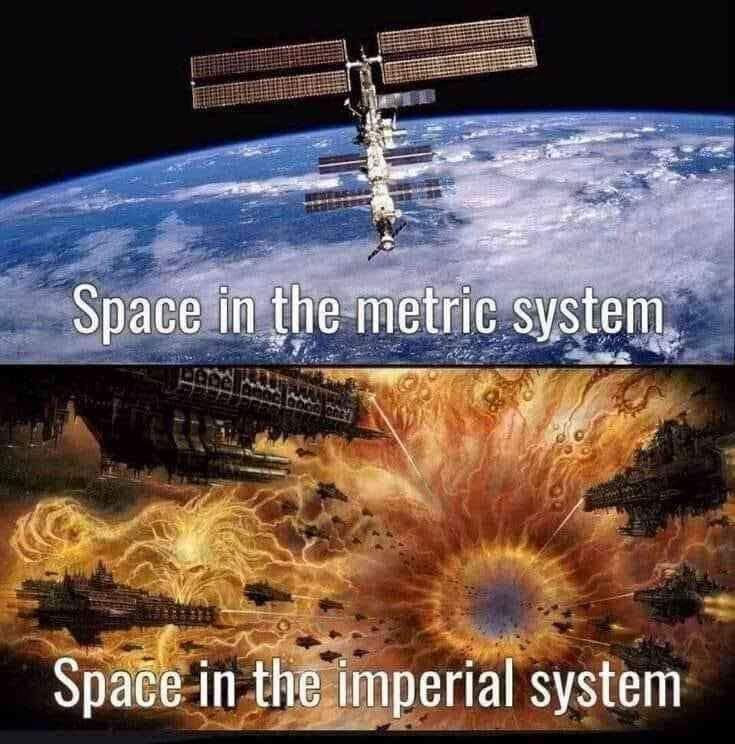 Space in the metric system (normal photo of a space station)

Space in the Imperial system (battleships from warhammer40k) 