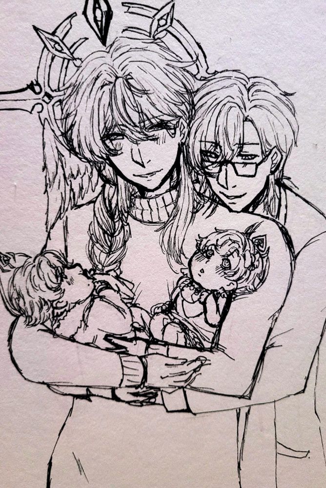 Ink drawing of an older Sunday and Aventurine smiling. Sunday holds their twin babs as Aventurine hugs him from behind. The twins are Kem & Syeira.
This is avenday / sunturine ship art
This implies mpreg