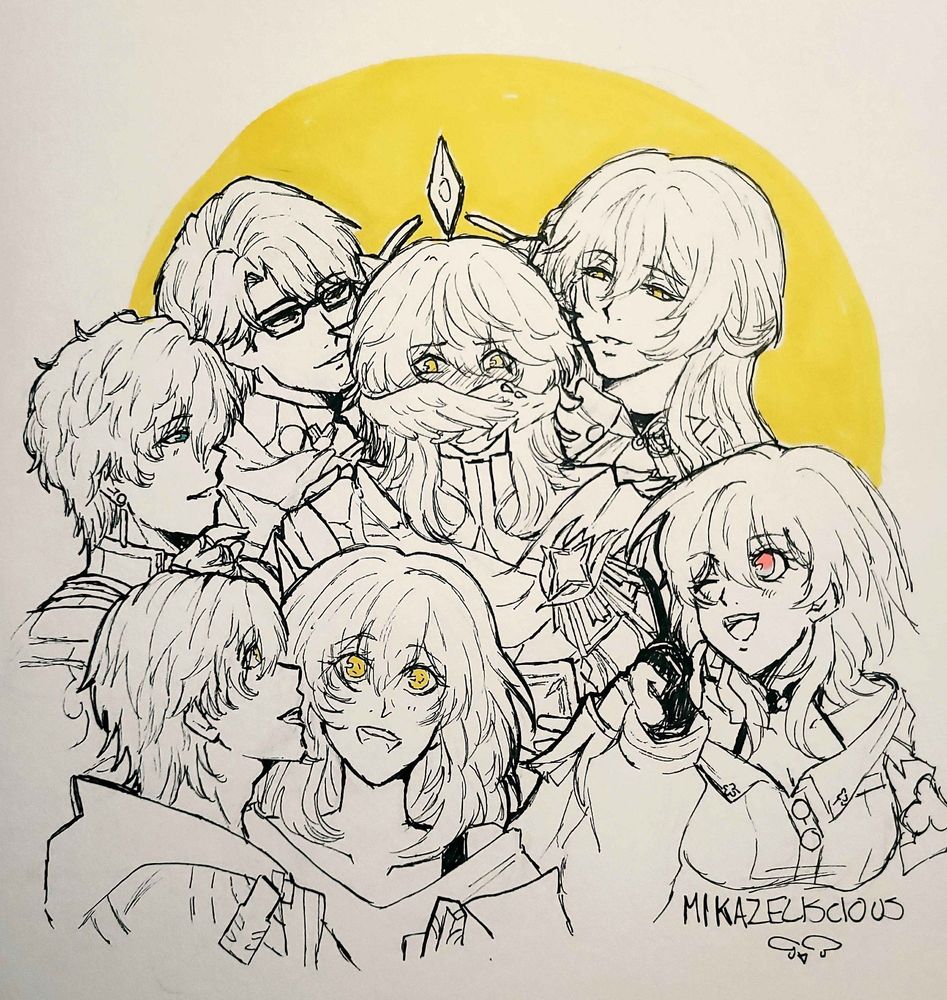 A traditional pen and marker illustration of Sunday surrounded by members of the Astral Express. They're all welcoming him with smiles and he's flustered by the positive greeting uncertain how to properly respond. Both Caelus and Stelle are drawn in this illustration.
The first illustration to start off a new sketchbook featuring the potential start of a new journey.