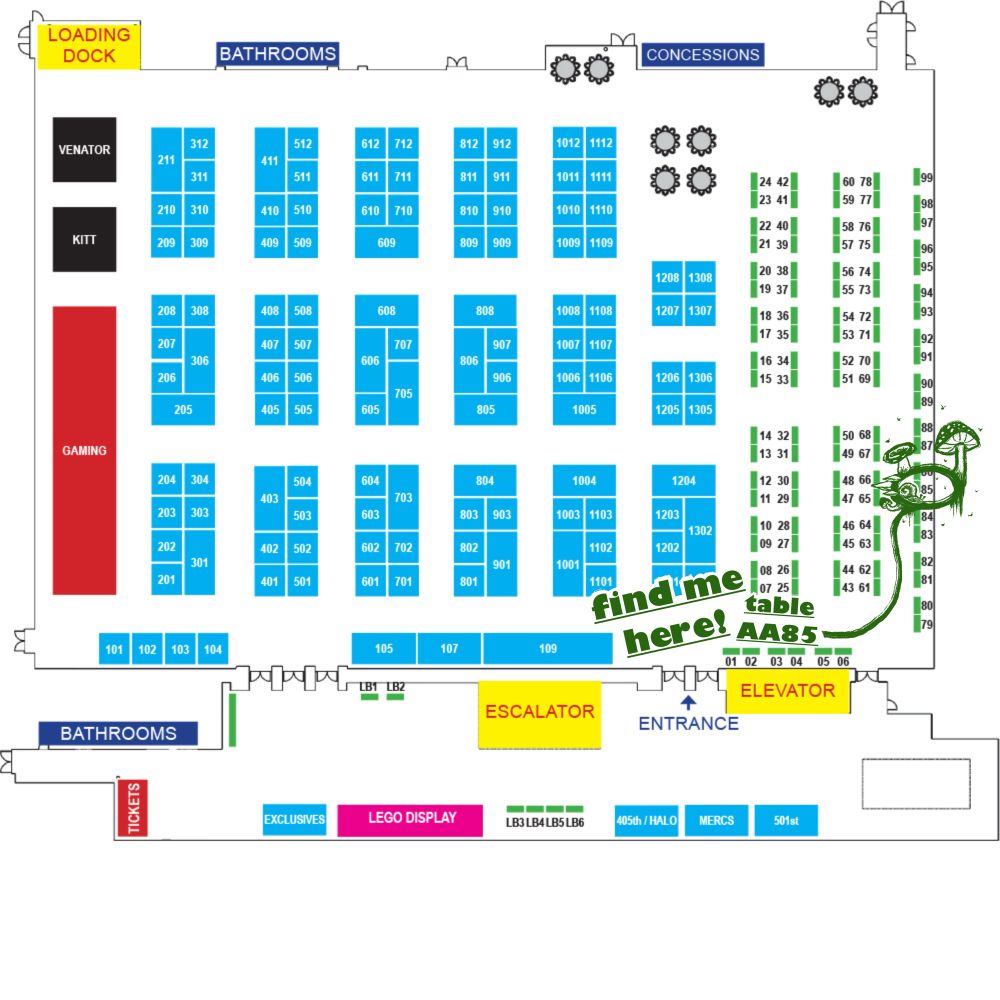 A map of the convention floor. The words “find me here! table AA85” are pasted onto the map near the entrance. A line leads from the words to a loose circle with mushrooms doodled around it, which points out the location of table AA85 along the right hand wall.
