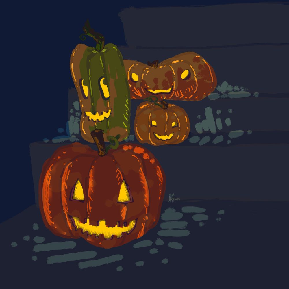 Four cartoonish pumpkins portrayed in various shades of orange and green sit on a set of steps. The image is dark, with some areas faintly lit up by the glowing jack-o-lantern face carved into each pumpkin. Highlights reflect along the ridges and bumps of the pumpkins in an uncanny way, seeming to not quite align with the light sources.