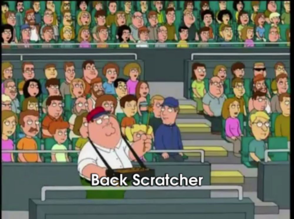 peter griffin stands in front of a crowd with the words back scratcher above him