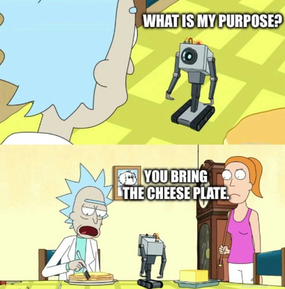 A two panel meme from Rick and Morty with a small robot saying ‘what is my purpose?’ and Rick saying ‘you being the cheese plate’