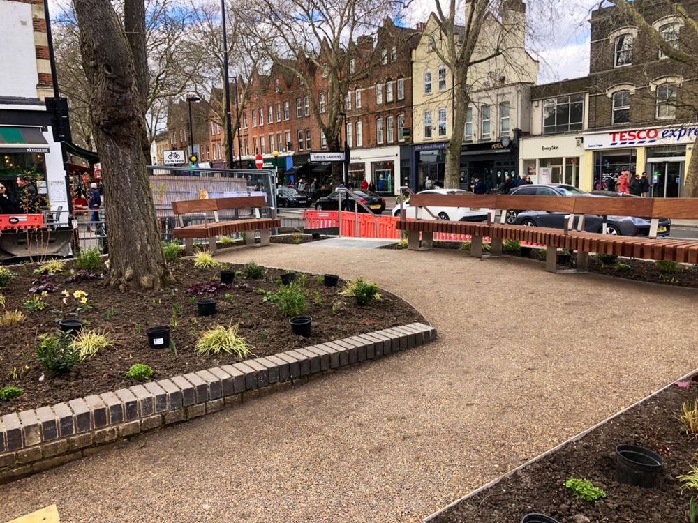 Photo of Ginkgo corner showing new path, planting and benches