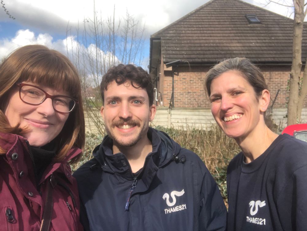 Katherine, Toby and Helen outside the school