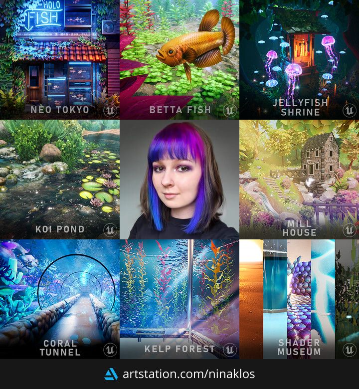Artstation comparion of art vs artist, picture in the middle & various fish themed projects around it.