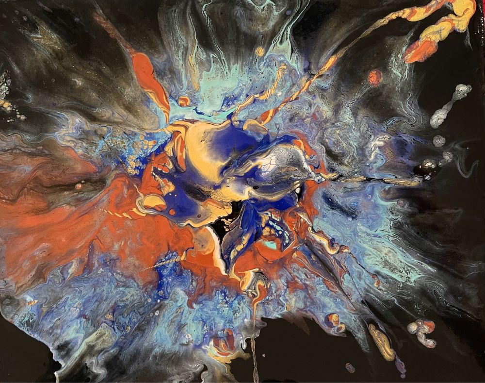 Acrylic pour art - black background with copper, indigo and turquoise.