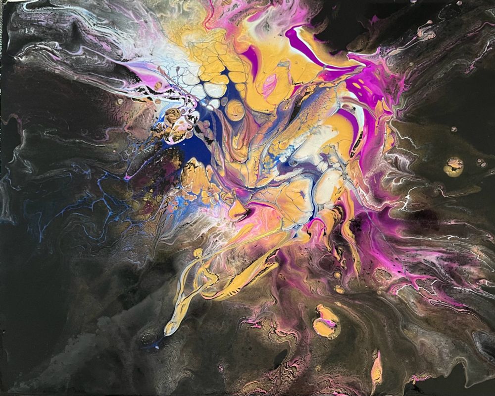 Abstract acrylic pour art - black background with violet, copper and a touch of indigo.