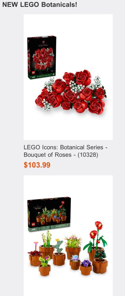 Two Lego sets being advertised - a bunch of red roses, and nine small plants in little brown pots.