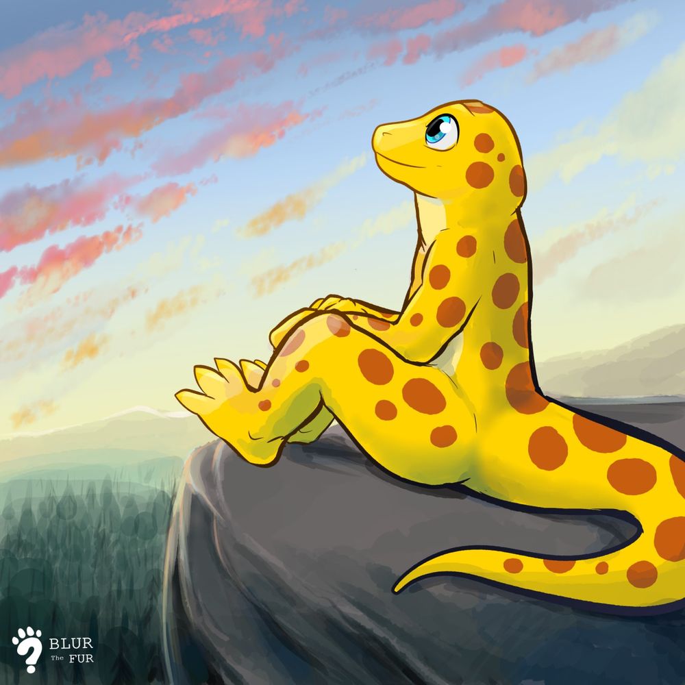 A yellow anthro salamander with brown spots and a lighter-yellow belly. They sit on a cliff overlooking a forest, with a content expression on their face. The sky is dusk-colored.