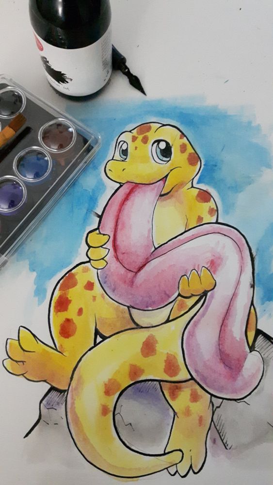 A watercolor painting of an anthro salamander sitting on a rock. The salamander is yellow with brown spots, and a lighter-yellow belly. A massive and long pink tongue hangs out of their mouth, which they hold up with their hands.