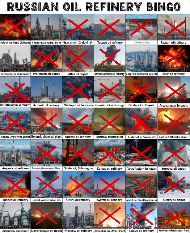 "Russia Oil Refinery Bingo Card" shows oil refineries and weapons factories in Russia that have been damaged by Ukrainian drone strikes.