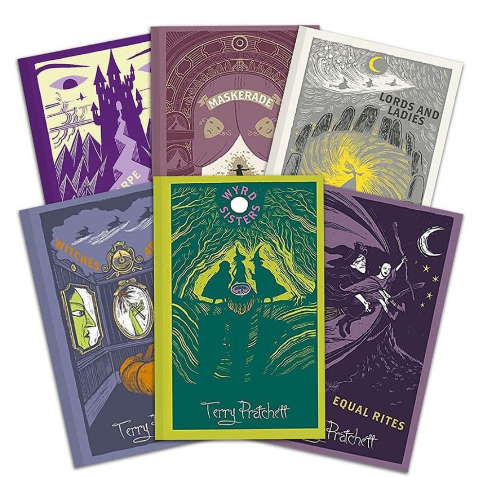 Collector's edition covers for Terry Pratchett's Witches books. They're done in almost a colorblock or linocut style, in complementary colors with lots of purple and green and gray, with simple witch motifs and scenery like castles.