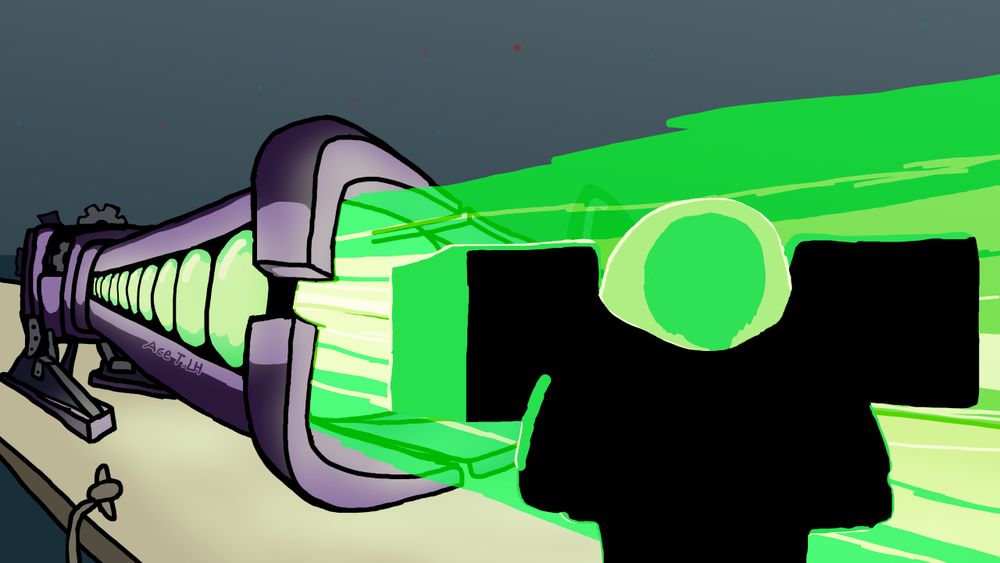 A V.0.2 Prototype Laser Turret (From Risk Of Rain) fires a gigantic beam off to the right, most likely disintegrating any enemy unfortunate enough to be caught by the blast. Engineer (Also from Risk Of Rain) standing ominously in front of the laser turret with their arms crossed, the light of the beam obscuring most of their details. The Dried Lake's desaturated, starry sky, sand-covered floors, and climbing ropes, remain unaffected by the laser, thankfully...