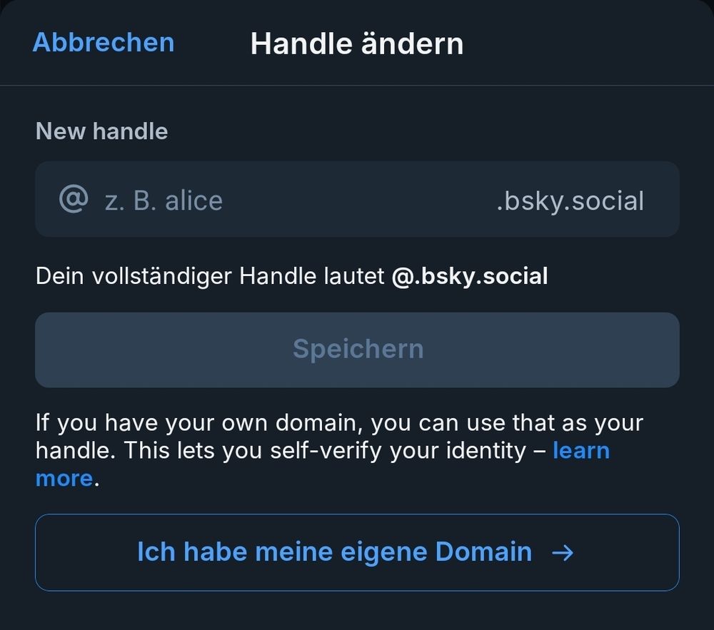 Übersichts des "Handle ändern" Fensters von Bluesky.