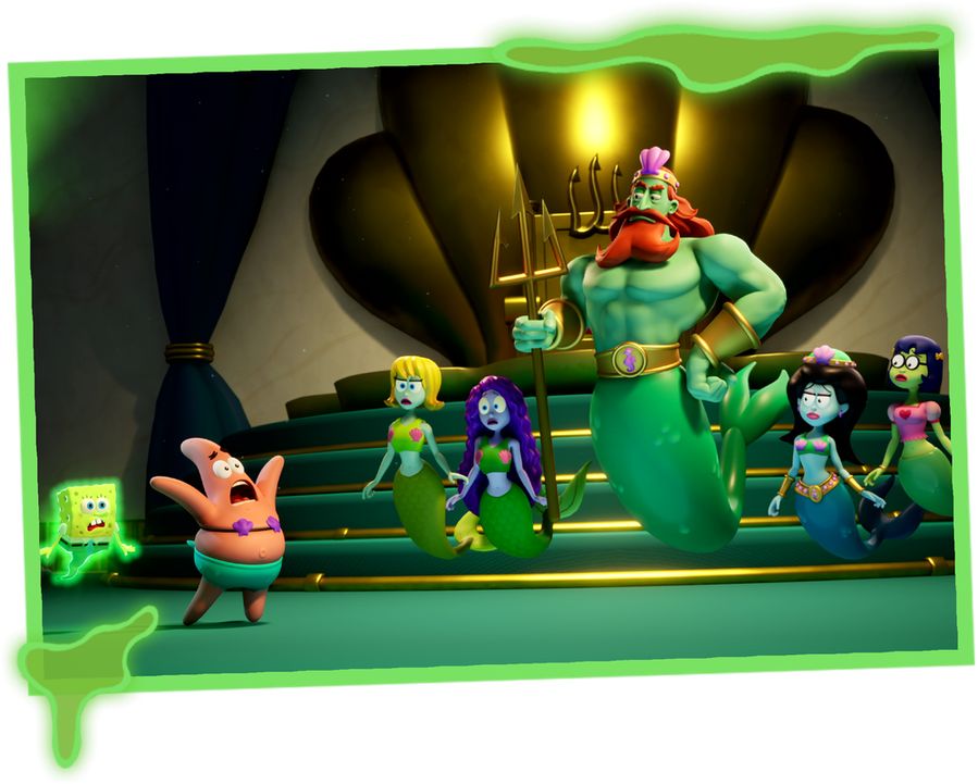 Foto vom neuen Spongebob Spiel mit Patrick im Bikini, Spongebob als Geist, König Neptun und vier Meerjungfrauen Prinzessinnen.