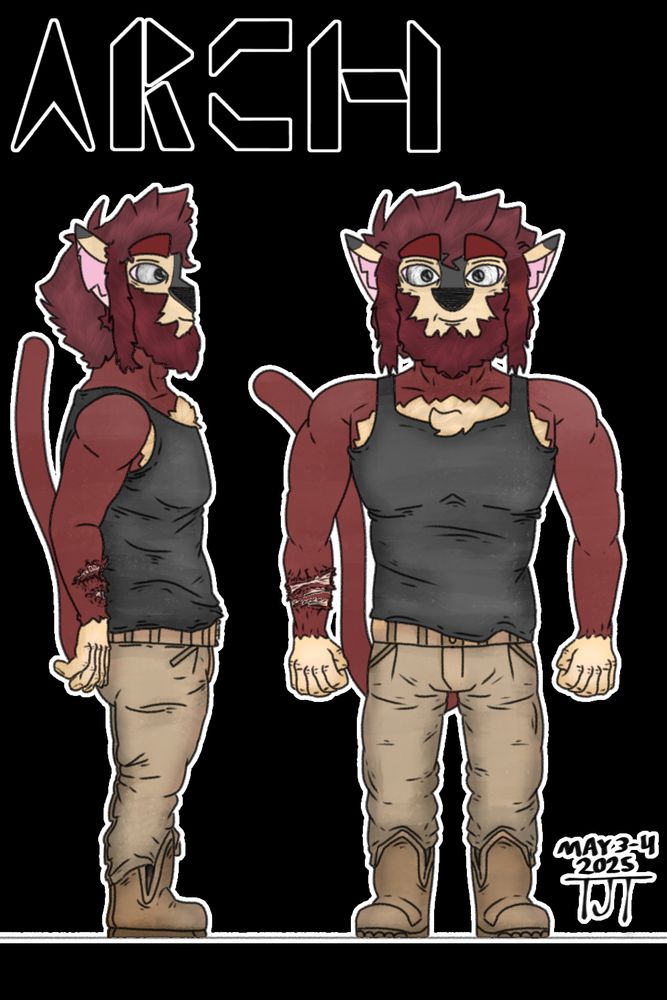 Arch from Remember Oseika, a muscular red-furred alien in a tank top and tan pants.