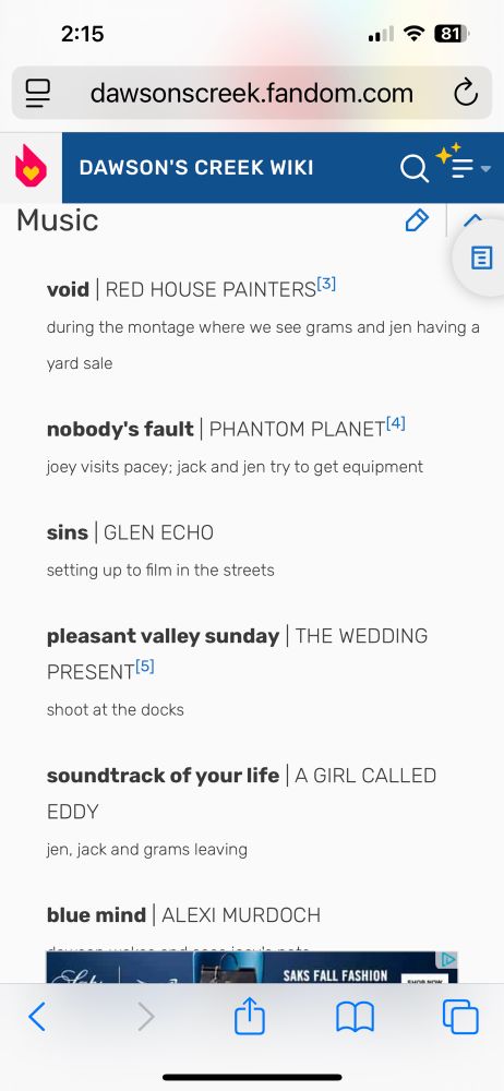 Dawson’s Creek wiki showing song list from S6 E22 including the Wedding Present. 