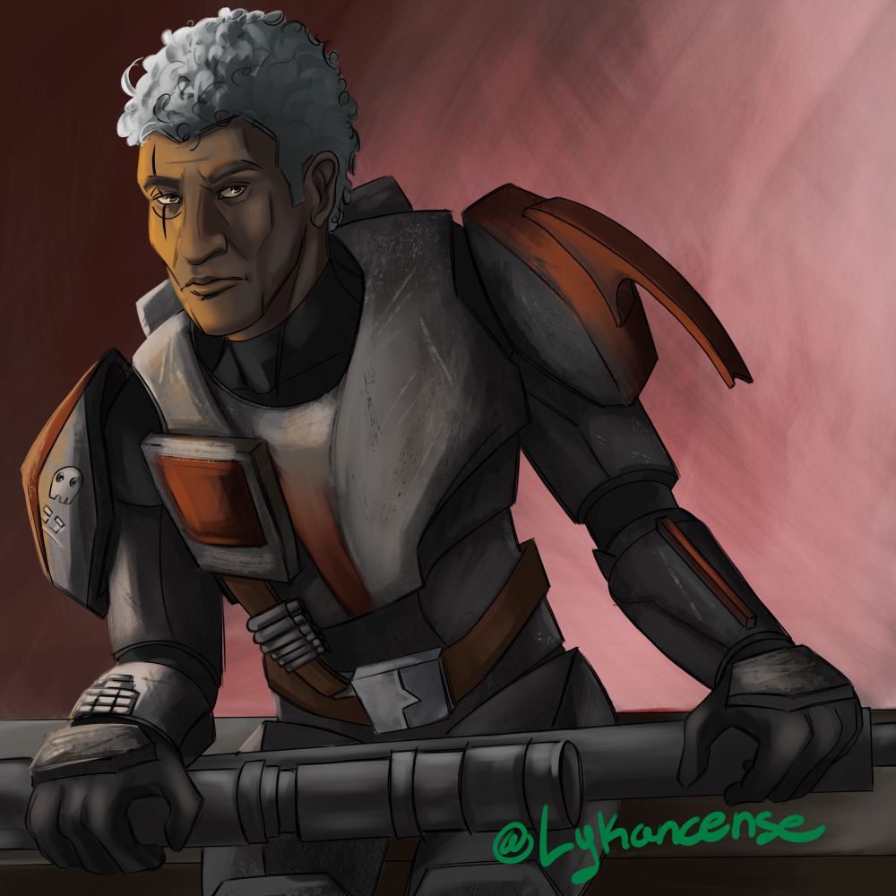 Digital artwork of Crosshair from The Bad Batch. He looks at the camera with a subtle expression of content as his rifle lays across his lap.