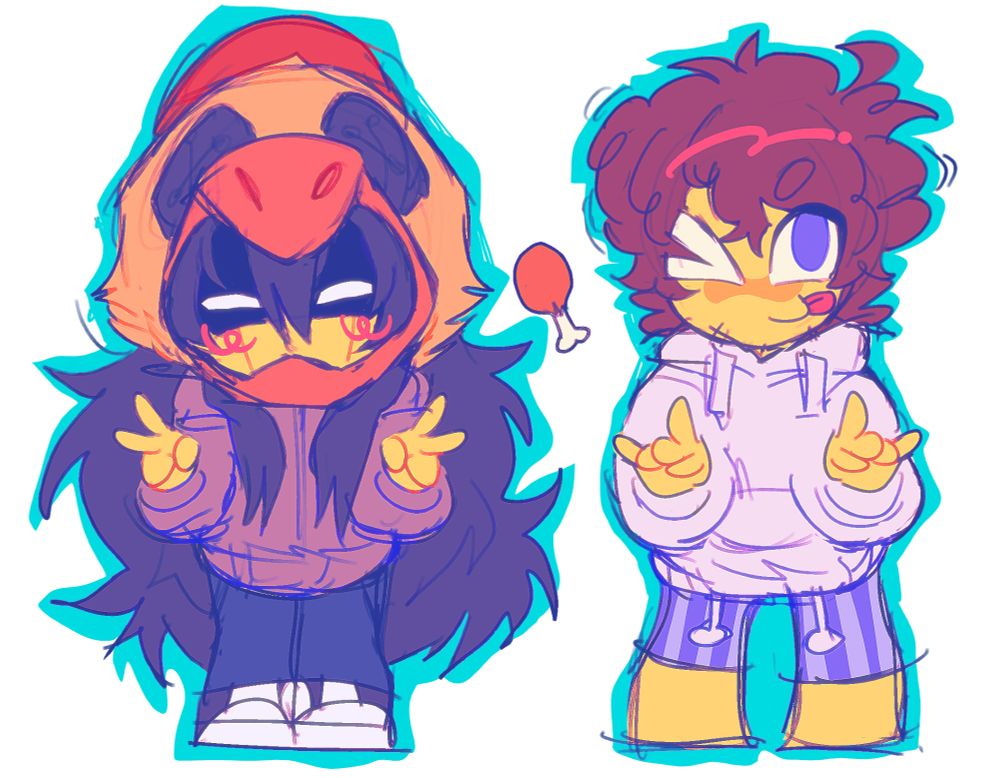Fanart of Null from Regretevator and a former Roblox admin, Shedletsky (I didn't intend to draw Forsaken's rendition of him but I don't mind if people interpret it as that! I was just drawing him in general ngl). They are both drawn in a chibi art style. Null stands on the left making peace signs with his hands. Shedletsky stands on the right holding up devil horns with his hands.