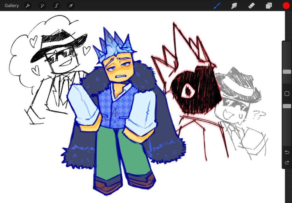 Fanart of iTrapped from Roblox Forsaken, with some doodles of Chance (also from Forsaken) around him. iTrapped's crown is made of ice which transforms into black ice near the tips. He wears a white collared shirt with a light blue vest. The vest has a houndtooth pattern in a darker shade of blue, and a silver pocket watch (which I actually drew wrong, my bad). iTrapped wears green slacks with black socks and brown leather loafers. A black mink coat is draped around his shoulders. He has a scowl on his face and rests one hand on his right hip. On the left side of the screen is a doodle of Chance, smiling confidently with hearts around him. On the right side of the screen is a doodle of an enraged iTrapped: his face is blacked out except for his right eye. Chance stands behind him with a confused and concerned expression. 