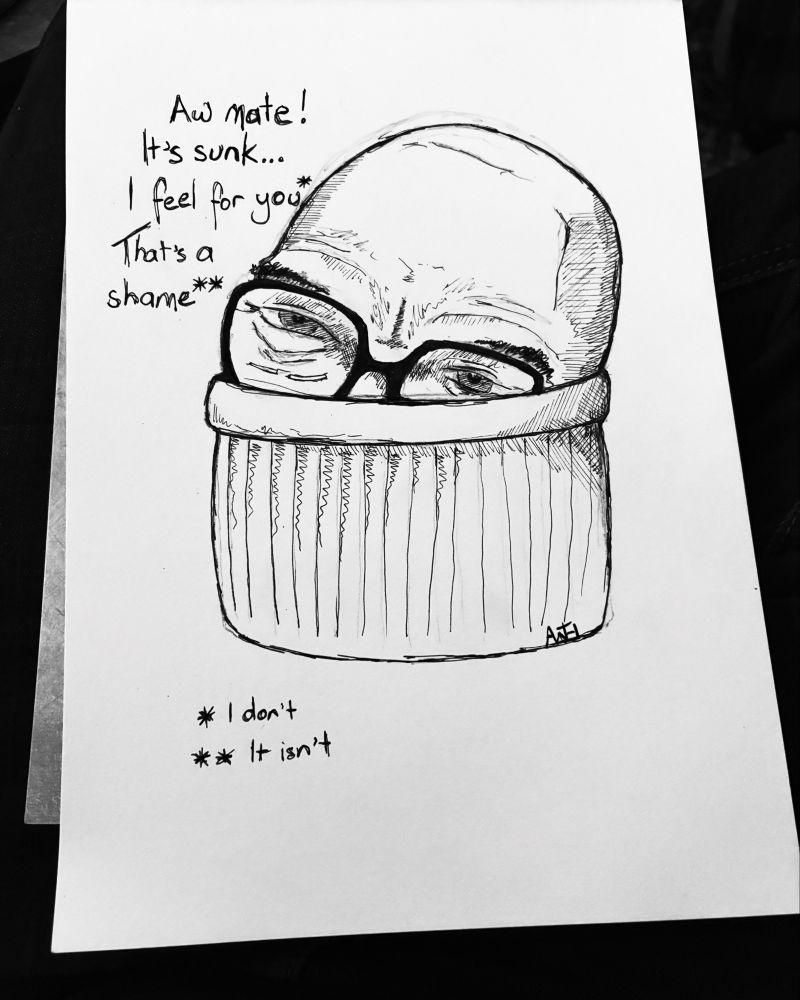 A doodle of Greg Wallace as a sunken soufflé 
