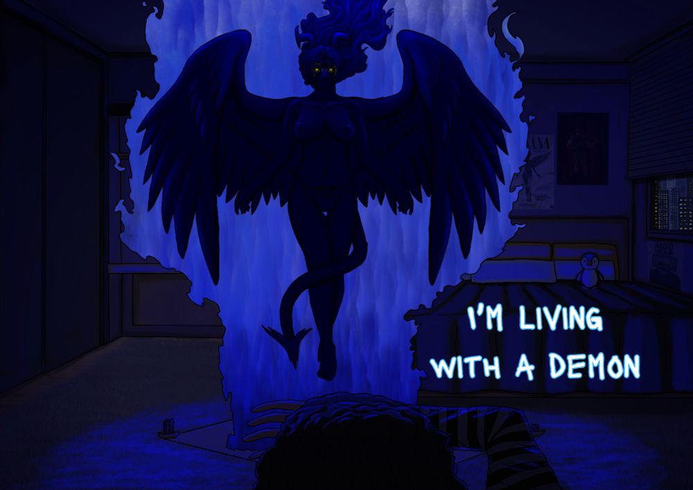 Garota invocando uma Succubus em seu quarto escuro