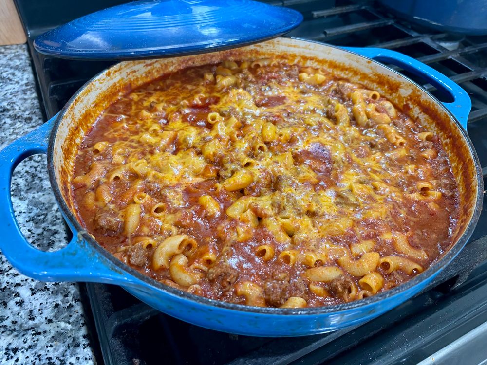 Chili Mac with cheddar cheese