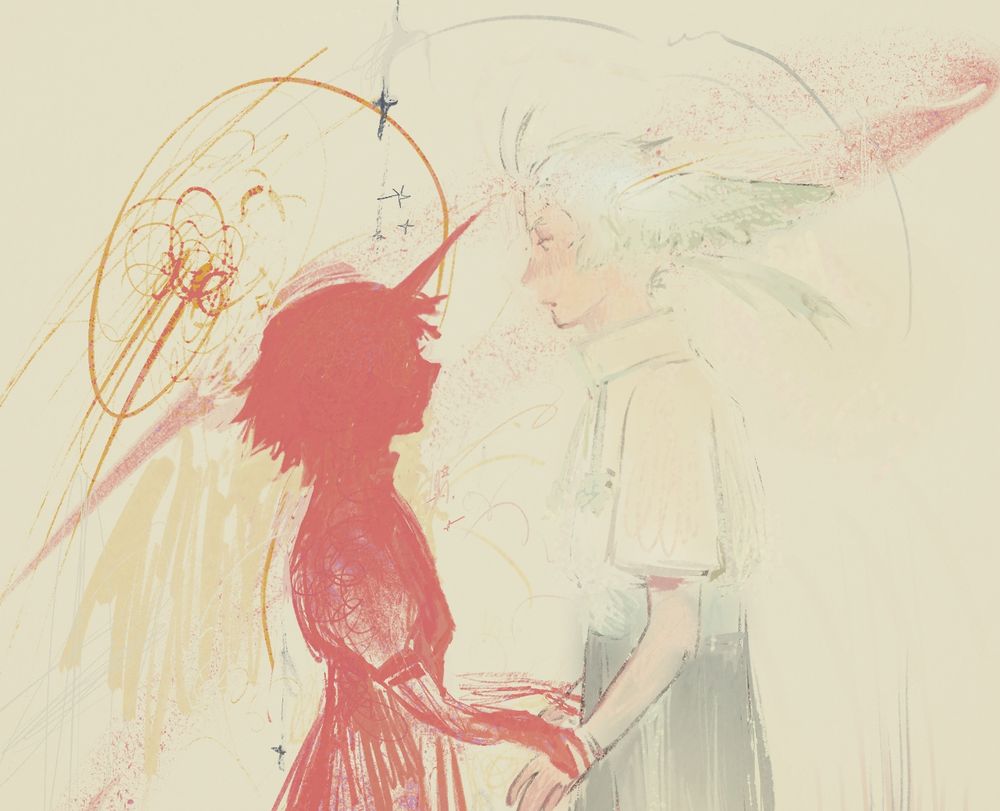 dae and sol standing face to face, dae is holding sol's wrists. dae is just a silhouette, and sol is faintly colored in. 
