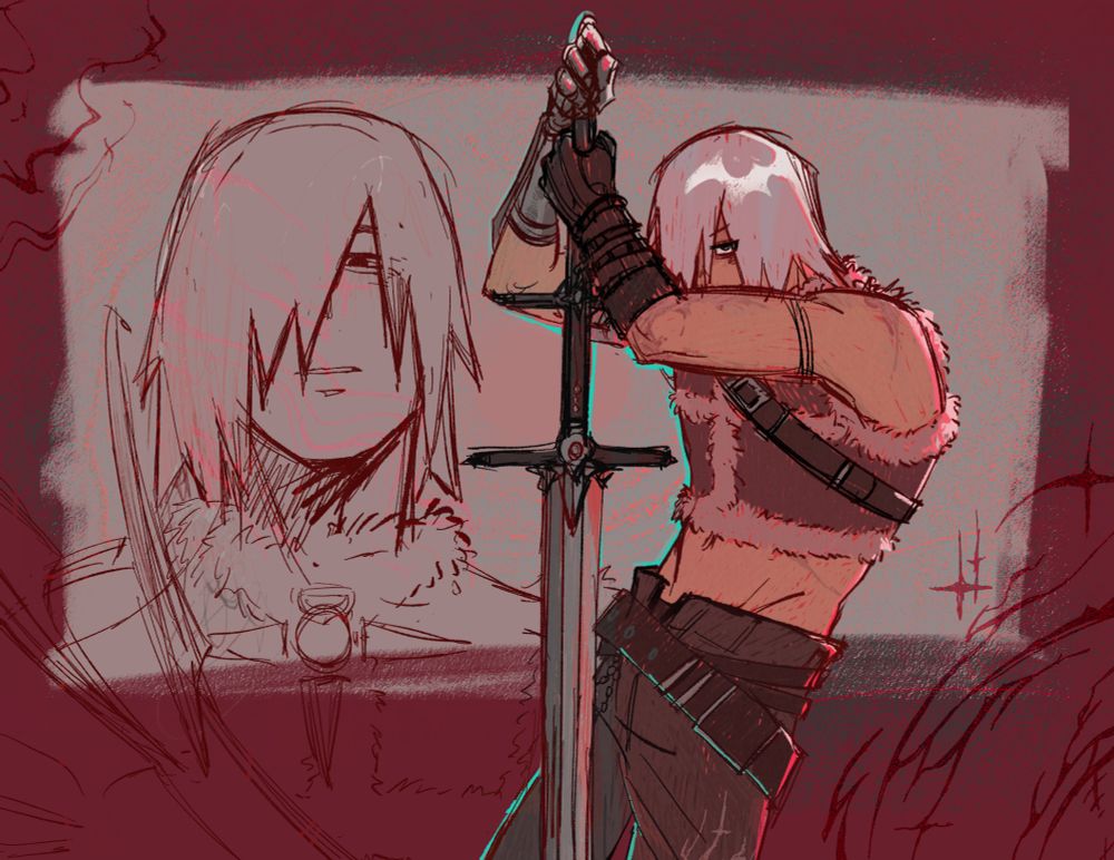 silver haired character holding a tall sword. his face is a bit obscured by his own hair and arms that are in front of him
