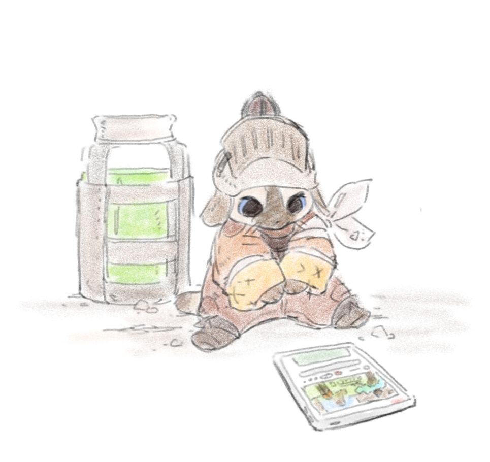 palico from monster hunter wilds sitting watching minecraft on his ipad