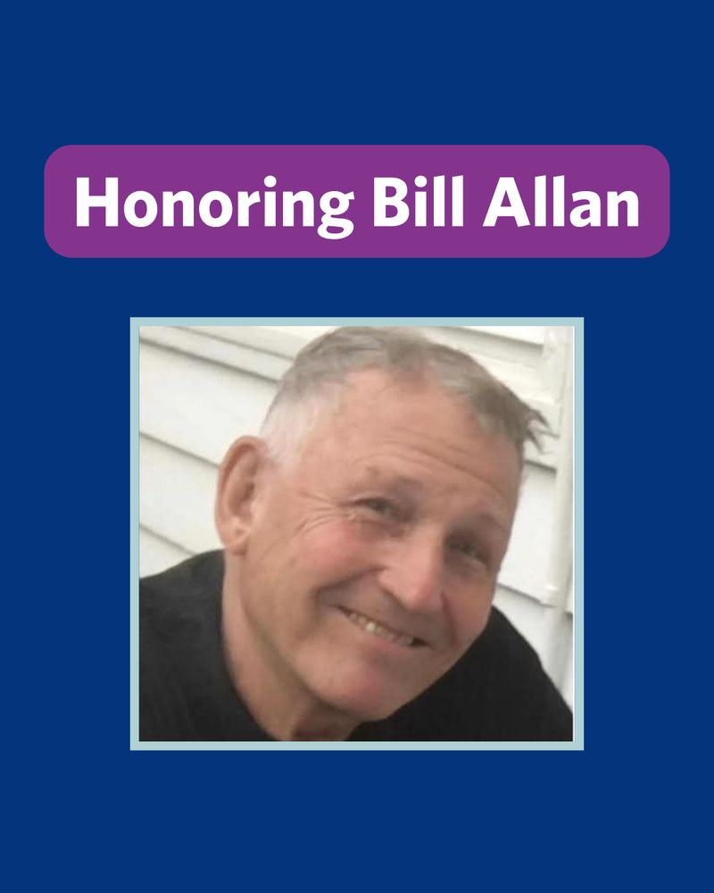 Graphic with a blue background showing a picture of Bill Allan, with the text reading, "Honoring Bill Allan".