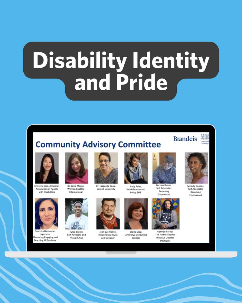 Graphic for a webinar recording titled "Disability Identity and Pride." The background is light blue with wave designs at the bottom. Below the title is an illustration of a laptop displaying a webinar. On the laptop screen is a slide titled "Community Advisory Committee." Below, are a diverse group of advisory board members