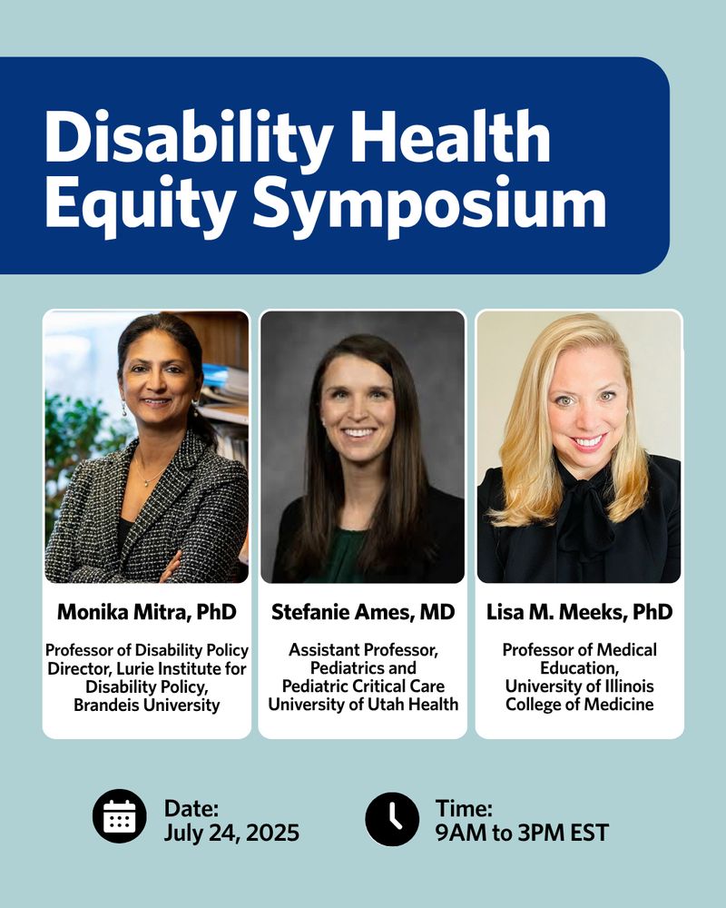 The promotional flyer is for the Disability Health Equity Symposium, featuring the three speakers mentioned in the caption with their photos. At the top, large bold white text on a dark blue background reads: “Disability Health Equity Symposium.” At the bottom, a calendar icon and a clock icon show the date and time.