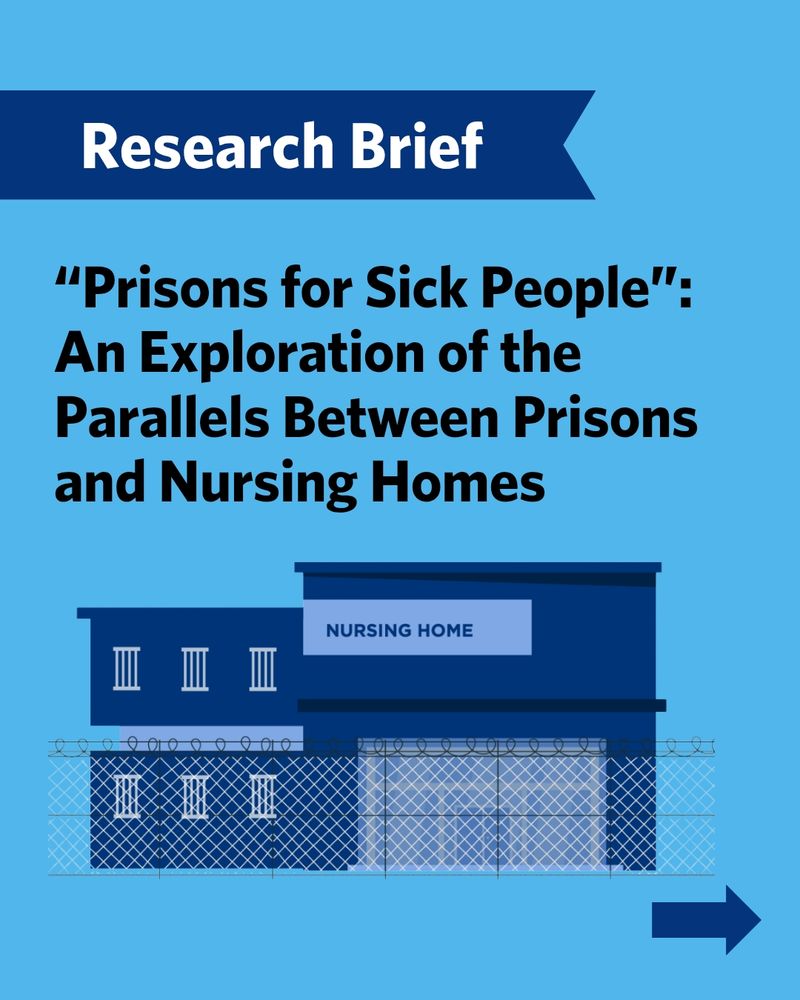 A graphic with a blue background shows an illustration of a nursing home behind a prison fence. The text reads: “'Prisons for Sick People': An Exploration of the Parallels Between Prisons and Nursing Homes".