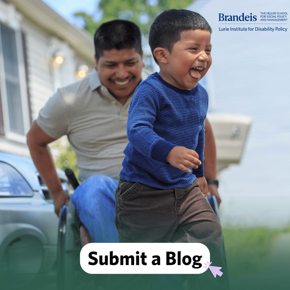A joyful young boy runs toward the camera, laughing, while his smiling father follows behind him in a wheelchair. At the bottom of the image is a white rounded text box with the words “Submit a Blog”.