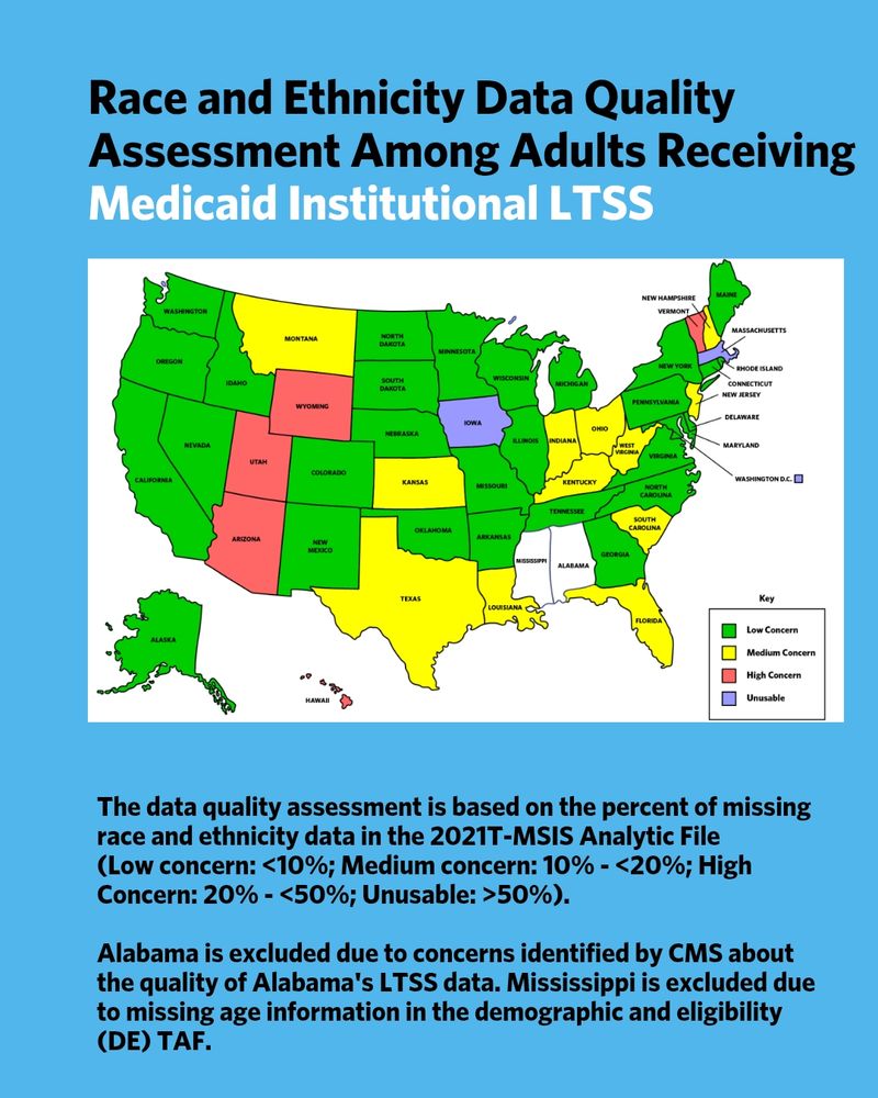 Race and Ethnicity Data Quality Assessment Among Adults Receiving Medicaid Institutional LTSS. The map data again shows that most states have low concern data. Twelve states, including Kansas and Ohio, are classified as having medium concern data, five states, including Wyoming and Hawaii, have high concern data, and Iowa is marked as having unusable data. Further text reads the same as image 3. 