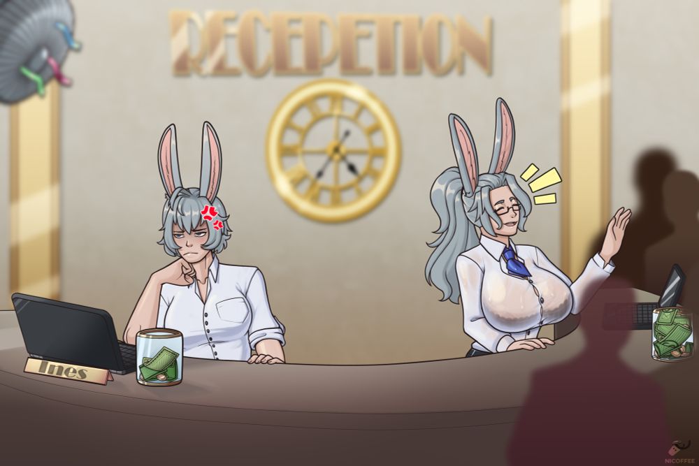 Some time has passed on the clock behind them, Iris now has a line of clients wishing to talk to her, Ines is looking annoyed off to the side, with no clients whatsoever. Iris' tip jar is now stuffed full to the brim.