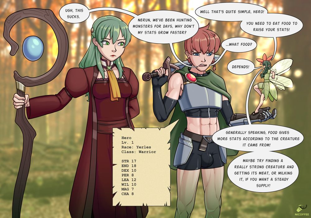 The Hero along with his party member, Older Younger Sister, after lots of monster hunting and grinding in a forest, finally asks his fairy helper Nerun just why he isn't levelling up. Nerun explains to him that Stat Growths are dependant on food.