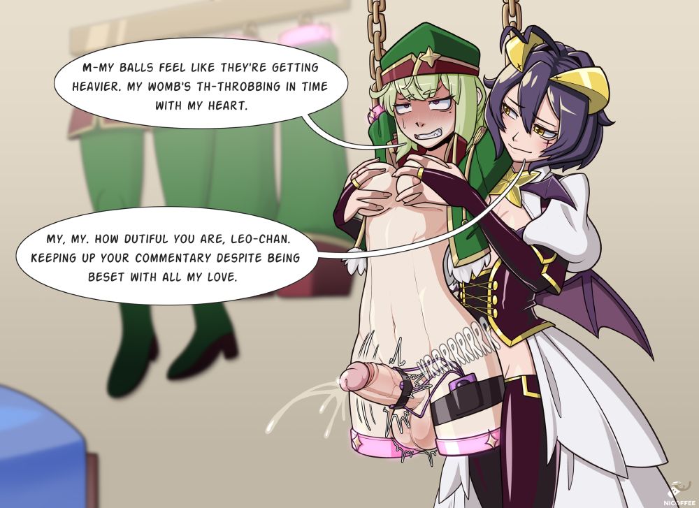 Leopard: M-my balls feel like they're getting heavier. my womb's th-throbbing in time with my heart.
Utena: My, my. How dutiful you are, Leo-chan. Keeping up your commentary despite being beset with all my love.