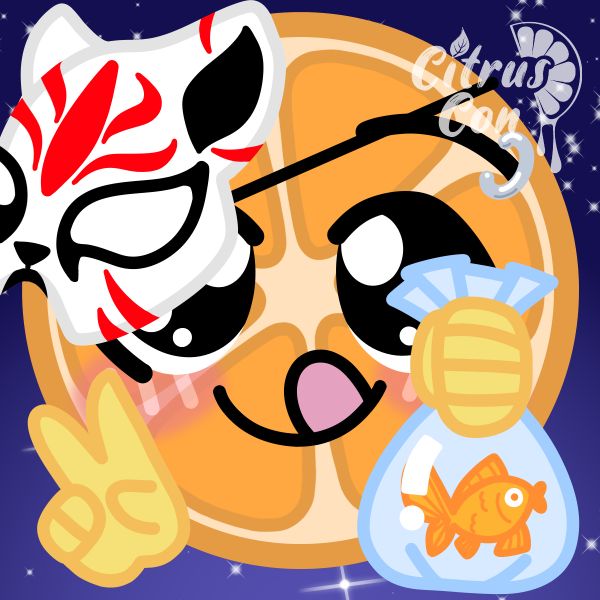 Cute little citrus with a peace sigh, a fish in a water bag and a kitsune (?) mask.