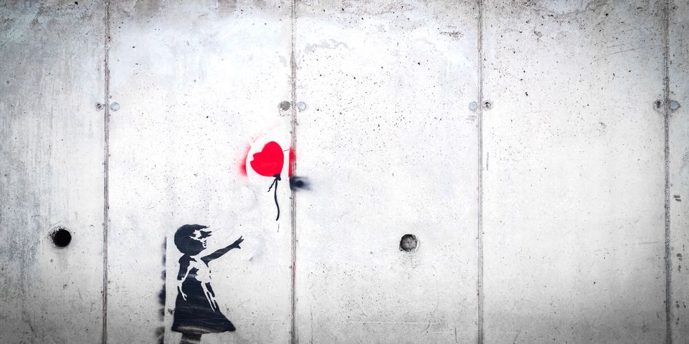 Painting of little girl reaching for red, heart-shaped balloon. 