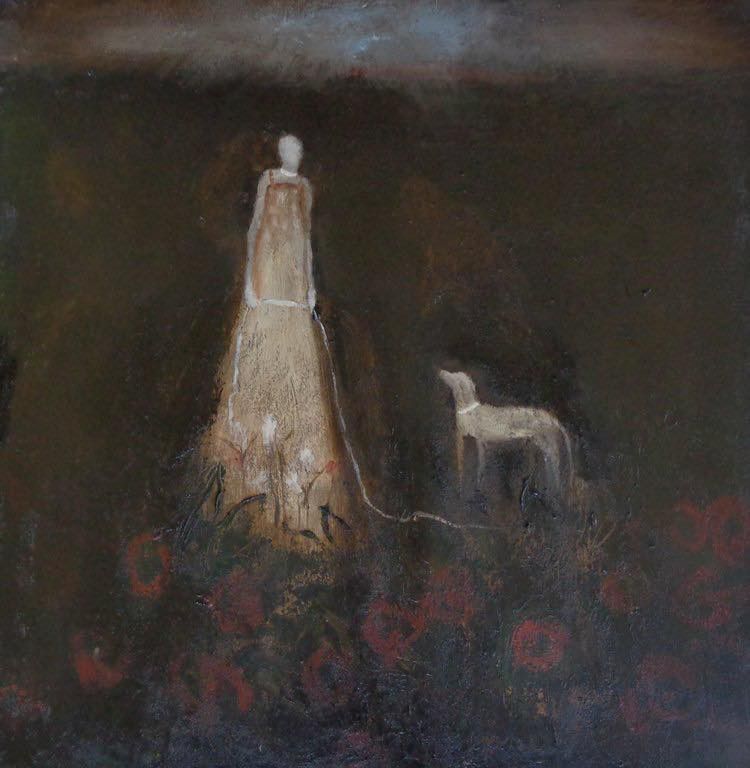 Dark, atmospheric painting of a woman with a dog. 